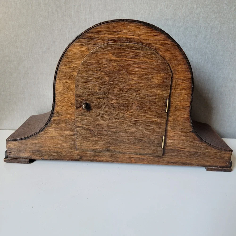 Antique German Mechanical Mantel Clock – Napoleon Hat Wood Case with Key, 15